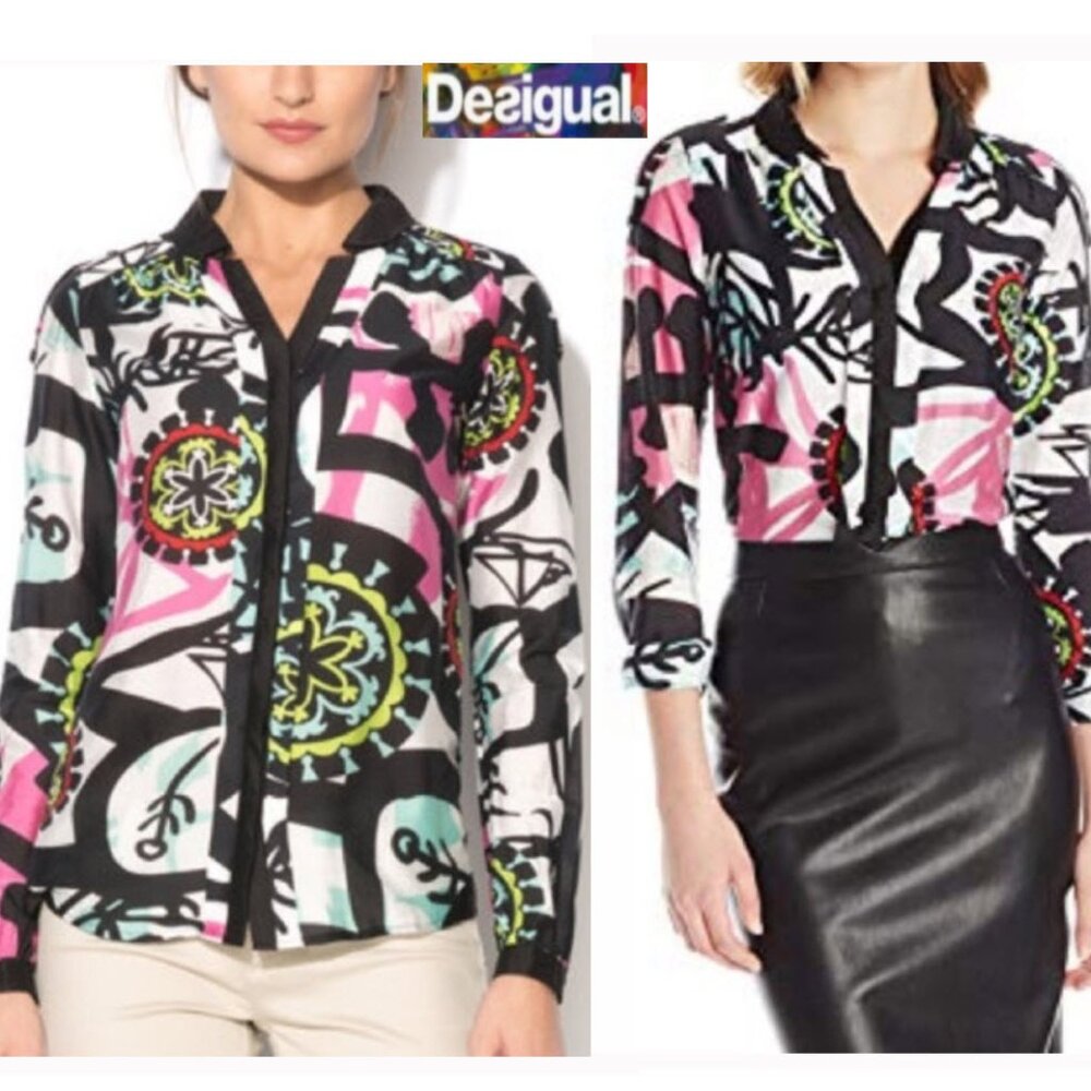 Desigual by Christian Lacroix Abstract Print Blouse Removable Collar Small
